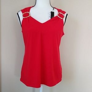 NEW Tahari Buckle Scrunch V Neck Top M Red